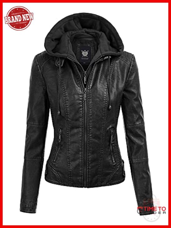 Jackets & Blazers - Faux Leather Moto Biker Jacket Coat with Removable Hood